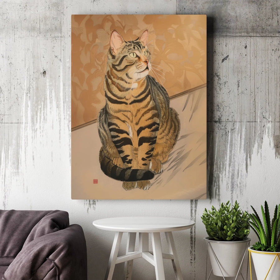 Japanese Tabby Cat Canvas Wall Art | Ukiyo-e Style Feline Portrait | Premium Gallery-Wrapped Print | Minimalist Living Room Home Decor Gift