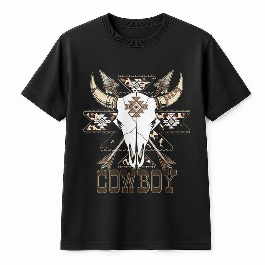 Cowboy Skull T-Shirt | Western Aztec Tribal Graphic | Premium Cotton Country Western Wear | Gift for Rodeo Fans and Ranchers