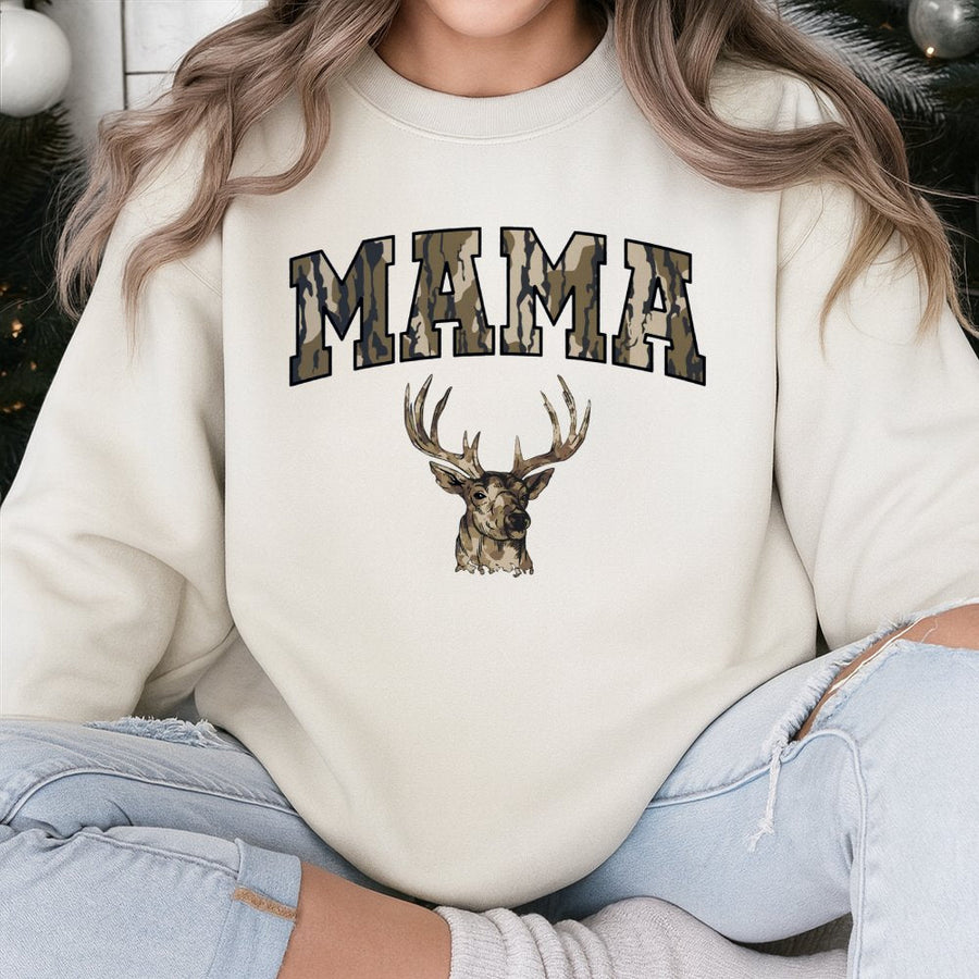 Mama Camo Deer Sweatshirt | Varsity Letter Hunting Design | Premium Cotton Blend | Gift for Outdoor Mom and Deer Hunter