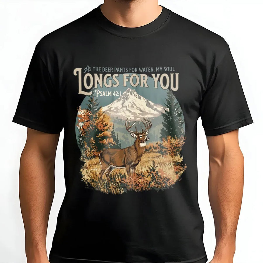 Psalm 42 Christian T-Shirt | Vintage Deer & Mountain Graphic | Cozy Cotton Blend | Inspirational Faith Gift for Believers