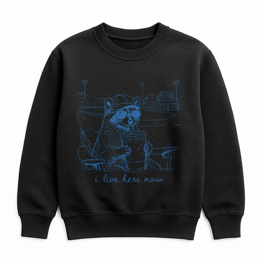 Funny Raccoon Baseball Sweatshirt | 'I Live Here Now' Graphic Sweatshirt | Premium Soft Blend | Humorous Gift for Sports Moms and Parents