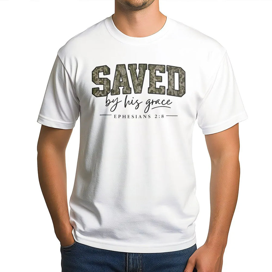 Saved By Grace T-Shirt | Camo Print Bible Verse Graphic | Soft Cotton Blend | Christian Faith Apparel Gift for Men & Women