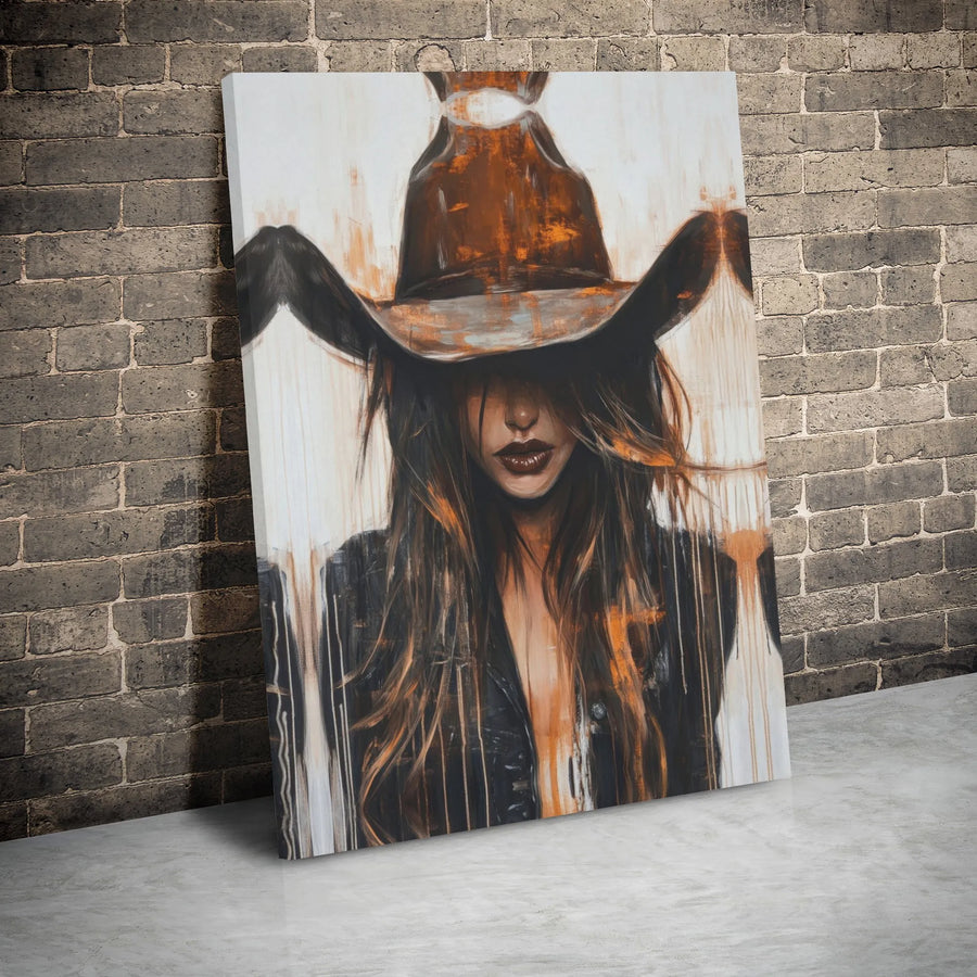 Cowgirl Abstract Canvas Wall Art | Western Portrait with Cowboy Hat | Gallery Wrapped Premium Print | Modern Farmhouse Home Decor Gift