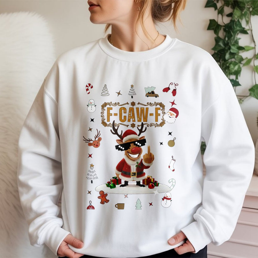 Funny Christmas Reindeer Sweatshirt | Middle Finger Santa Graphic | Premium Cotton Blend | Rude Holiday Gift For Men And Women