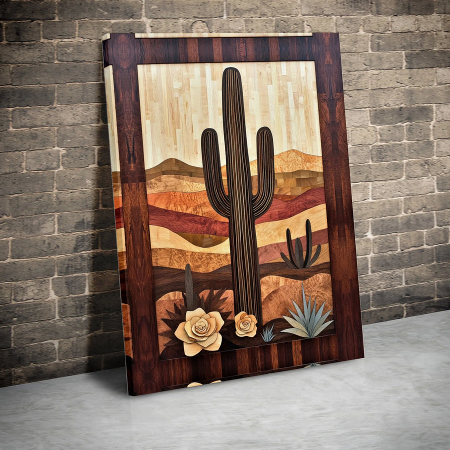 Saguaro Cactus Desert Wall Art | Southwestern Wood Marquetry Style Print | Premium Gallery Wrap Canvas | Rustic Home Decor Gift for Nature Lovers
