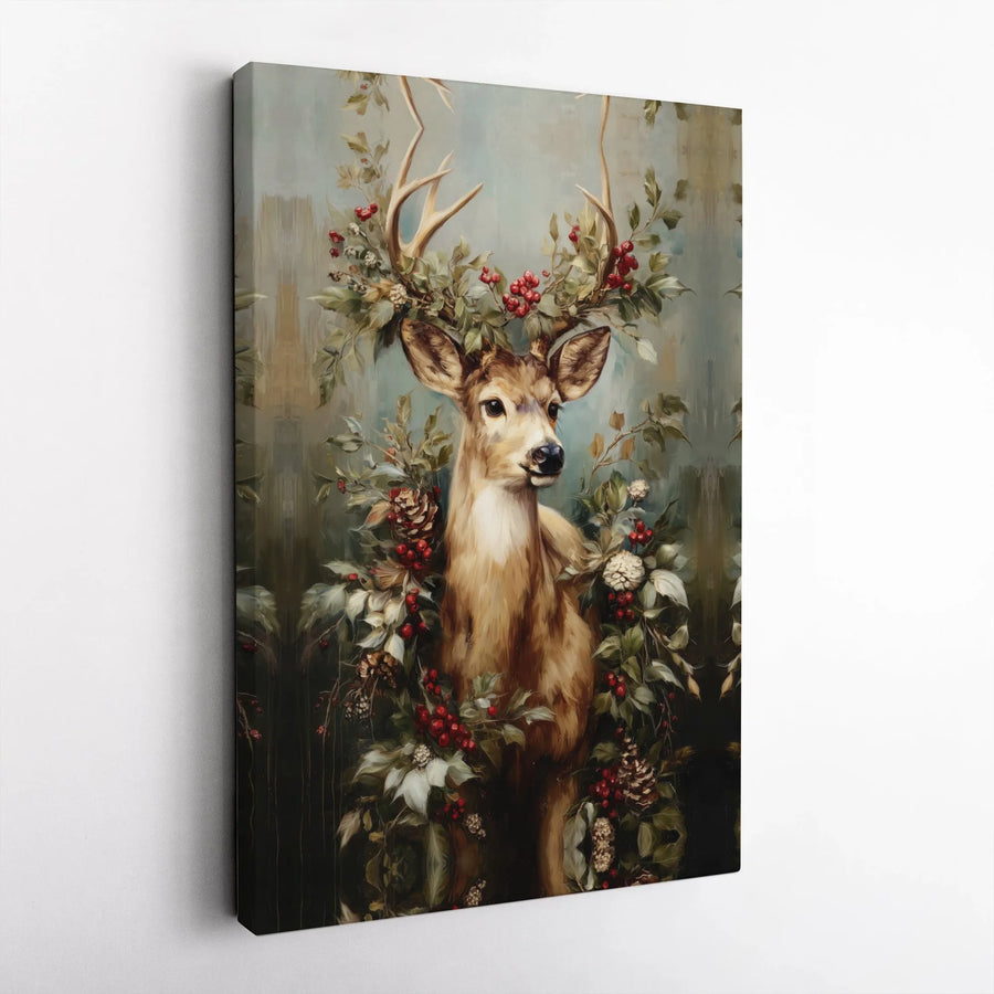 Majestic Deer Canvas Print | Christmas Floral Berries and Pine Cones Art | Gallery Quality 1.25" Profile | Holiday Home Decor Gift