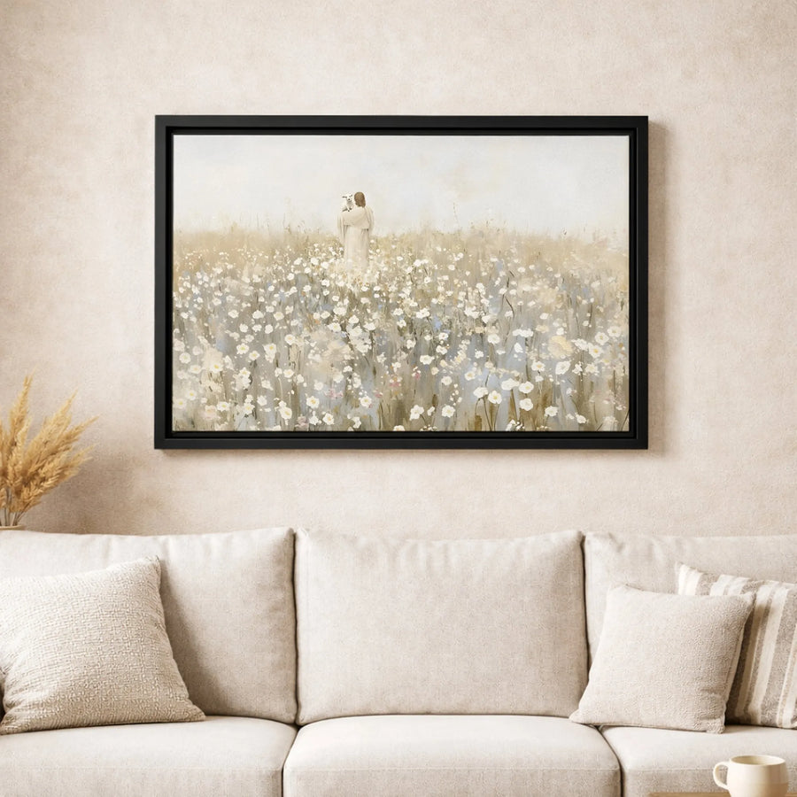 Jesus Holding A Lamb Canvas Wall Art | Watercolor Floral Meadow Print | Premium 1.25-inch Gallery Profile | Religious Home Decor Gift