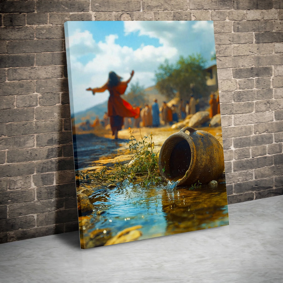 Living Water Biblical Art Canvas | Woman Rejoicing Near Clay Pot | Gallery Quality Religious Wall Decor | Spiritual Home Interior Gift