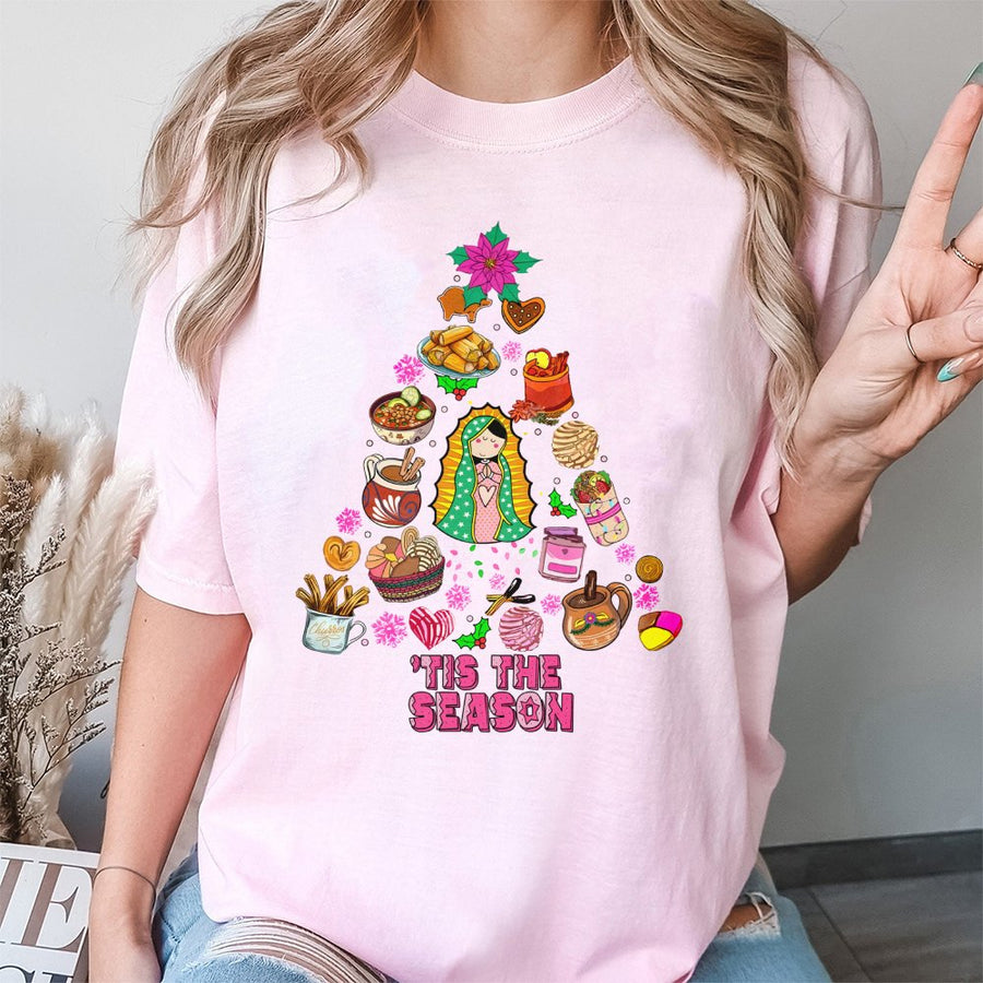 Our Lady of Guadalupe Christmas T-Shirt | Mexican Food Holiday Tree Design | Premium Cotton Graphic Tee | Hispanic Heritage Gift for Her