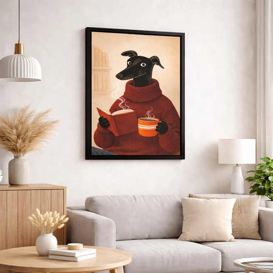 Greyhound Dog Reading Book Canvas Wall Art | Cozy Academic Animal Portrait | Premium Gallery-Wrapped Print | Gift For Dog Lovers & Bookworms