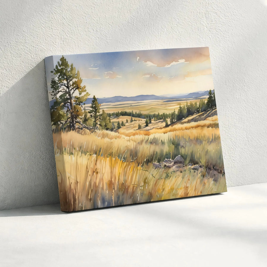 Watercolor Landscape Canvas Print | Serene Golden Prairie Painting | Premium Gallery Wrapped Art | Rustic Farmhouse Wall Decor Gift