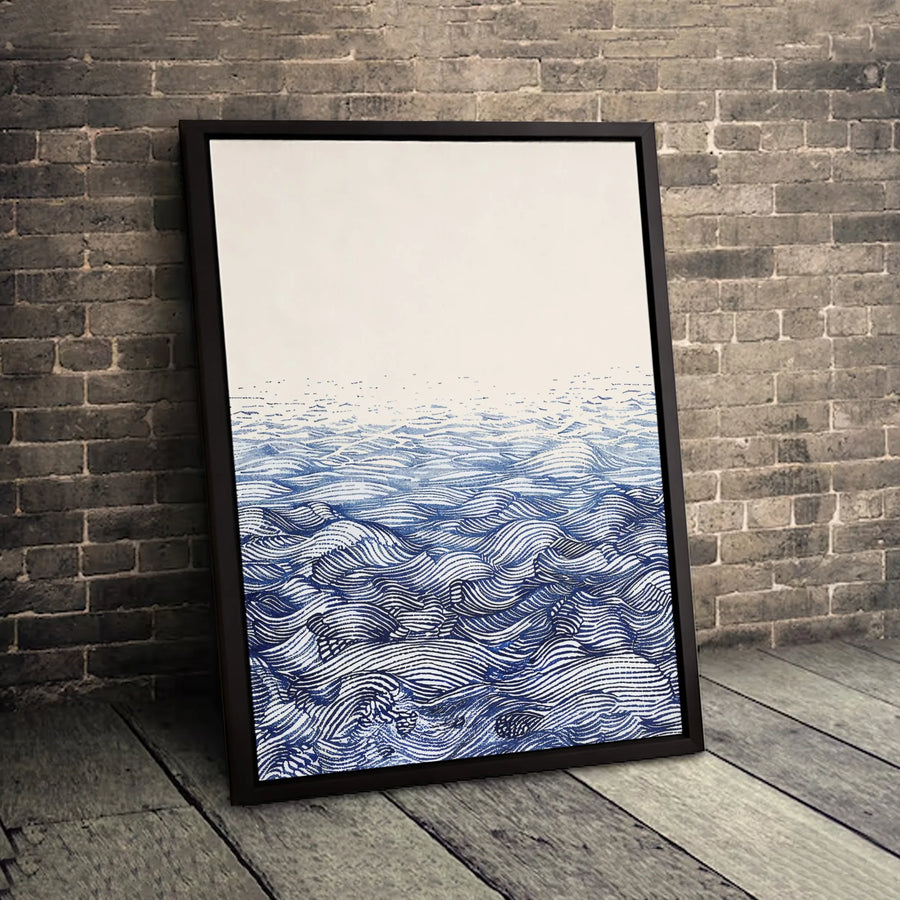 Abstract Ocean Waves Canvas Wall Art | Blue And White Minimalist Line Drawing | Premium Gallery-Wrapped Print | Coastal Decor For Home Or Office
