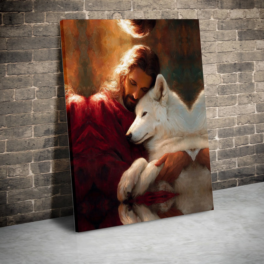 Jesus and Wolf Canvas Wall Art | Christ Embracing White Wolf Painting | Premium Gallery Wrap | Christian Home Decor Gift