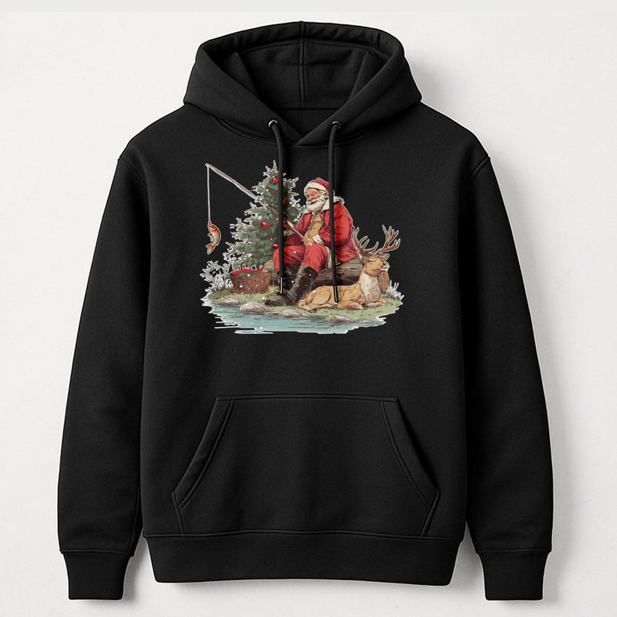 Fishing Santa Christmas Hoodie | Vintage Outdoors Holiday Graphic | Premium Cotton Blend | Funny Gift For Fisherman And Dad