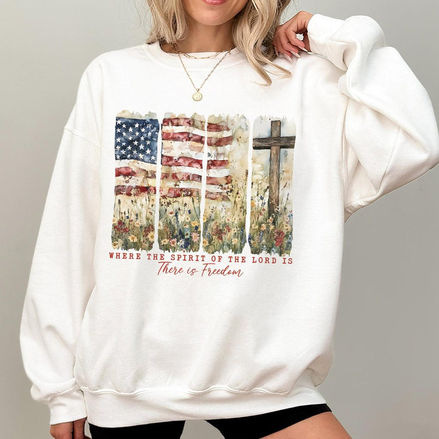 Where The Spirit Of The Lord Is There Is Freedom Sweatshirt | Patriotic American Flag & Cross Design | Premium Cotton Blend | Christian Religious Gift