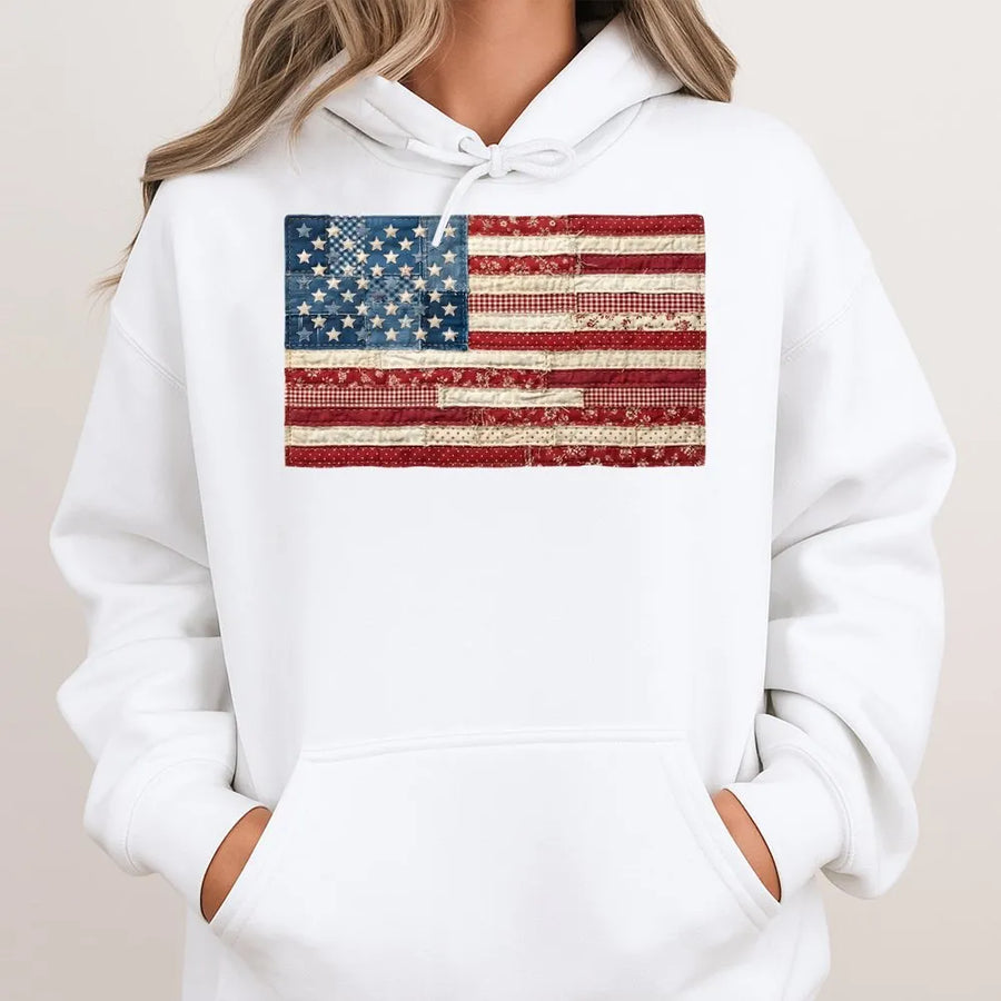American Flag Hoodie | Vintage Patchwork Quilt Graphic Sweatshirt | Soft Cotton Blend | Patriotic 4th of July Gift