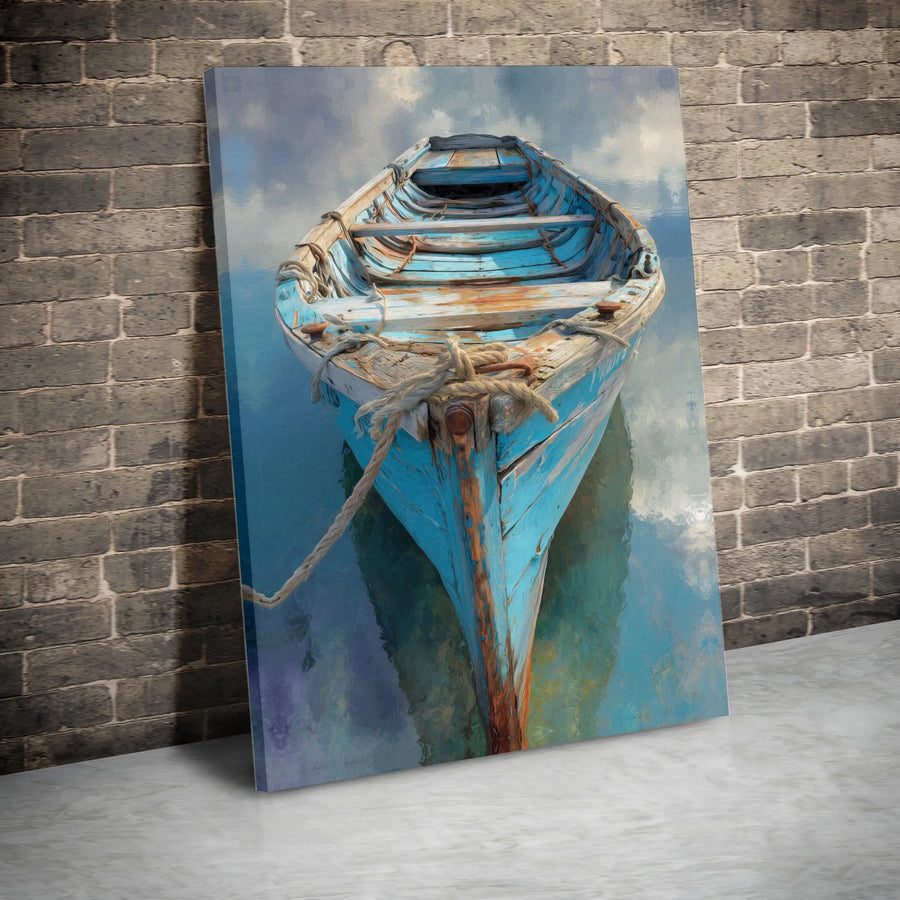 Rustic Blue Boat Canvas Print | Nautical Seascape Painting | Premium Gallery Wrapped Canvas | Coastal Living Wall Decor Gift