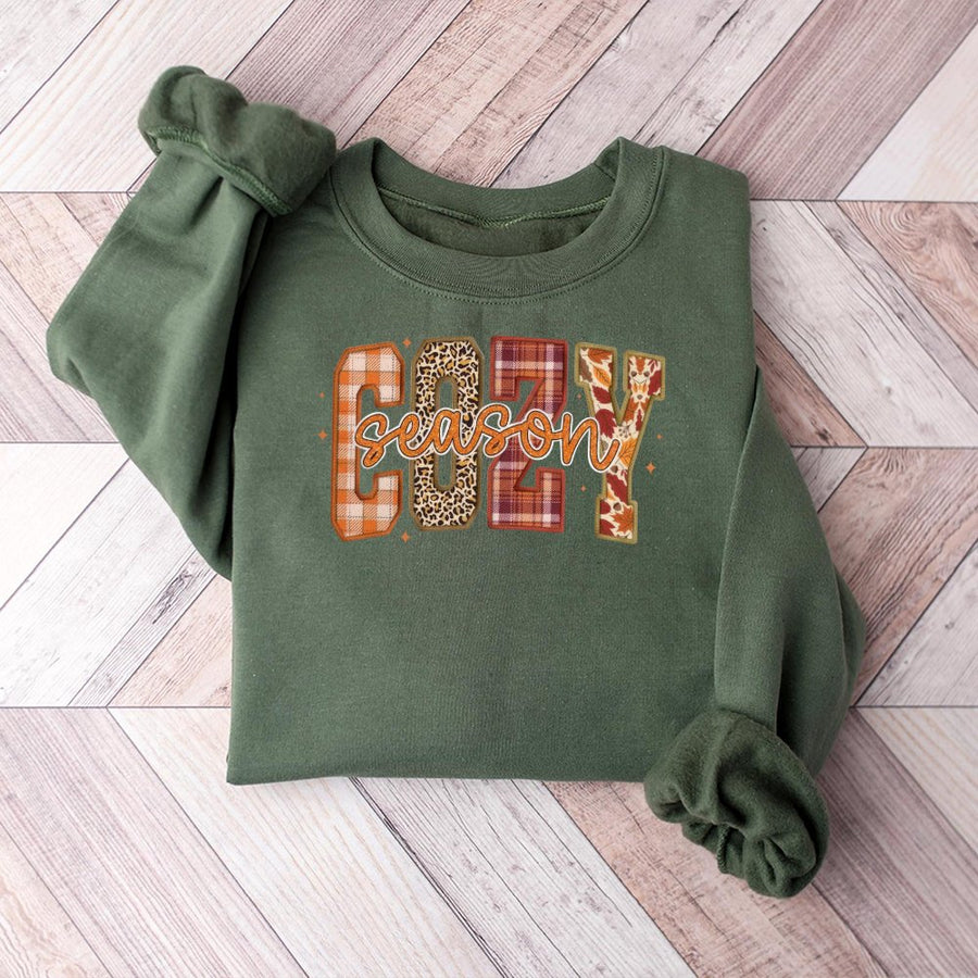 Cozy Season Sweatshirt | Plaid and Leopard Fall Graphic Print | Premium Cotton Blend | Gift for Her Autumn Aesthetic Lounge Wear