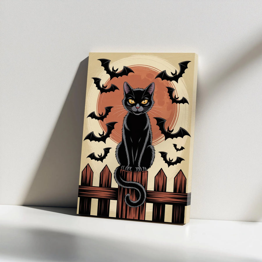 Black Cat Halloween Canvas Wall Art | Vintage Moon & Bats Illustration | Premium Gallery Wrap Canvas | Spooky Home Decor Gift for Cat Lovers