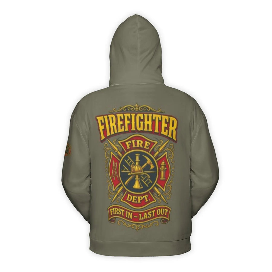 Firefighter 3D Hoodie | First In Last Out Maltese Cross Skull Design | Premium Polyester Fleece | Gift for Fireman and First Responders