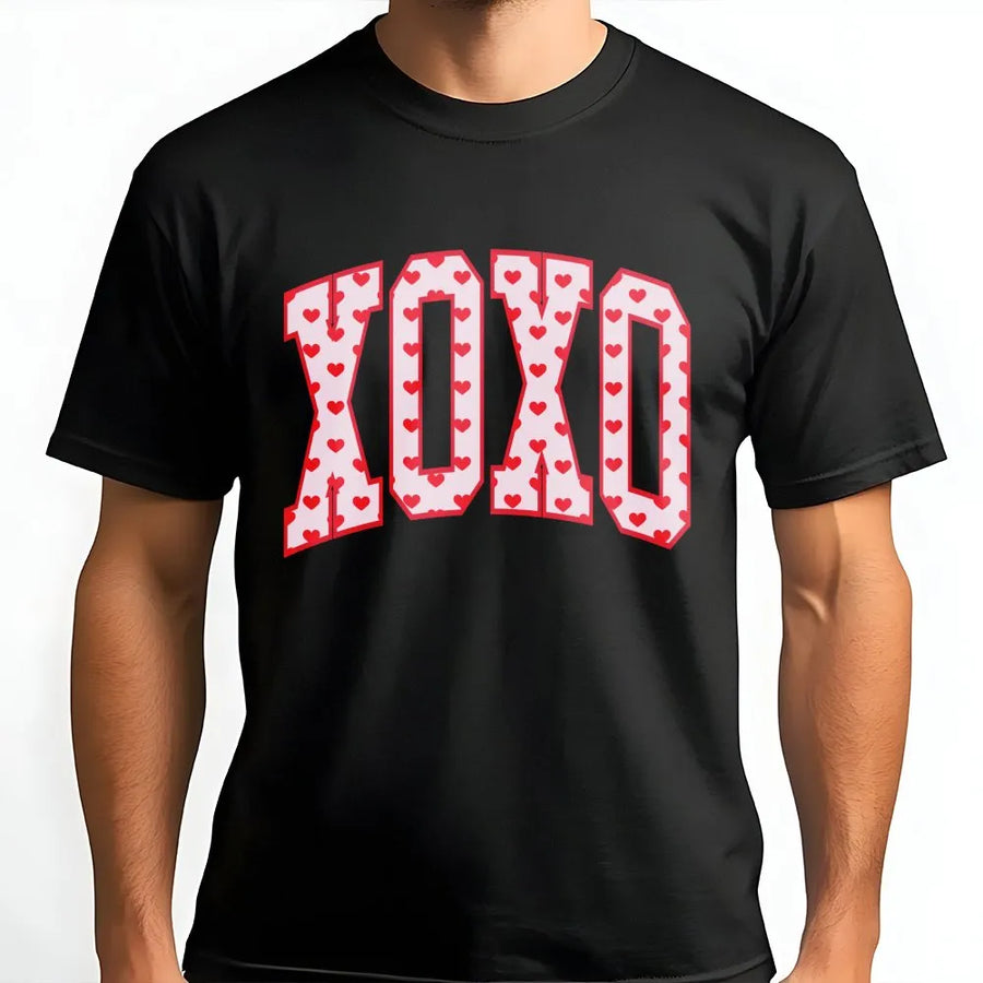 XOXO Valentine T-Shirt | Varsity Letter Hearts Graphic | Premium Soft Cotton Tee | Cute Romantic Gift for Her & Couples