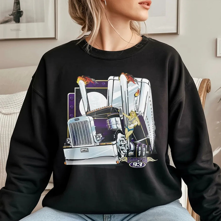 Semi Truck Graphic Sweatshirt | Vintage Pin Up Girl And Big Rig Design | Premium Cotton Blend | Gift For Truck Driver And Heavy Hauler Enthusiast