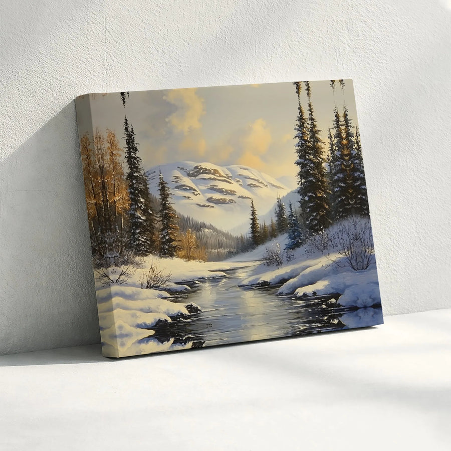 Snowy Mountain River Canvas Print | Winter Landscape Wall Art | Premium Gallery Wrapped 1.25" Profile | Serene Nature Home Decor Gift