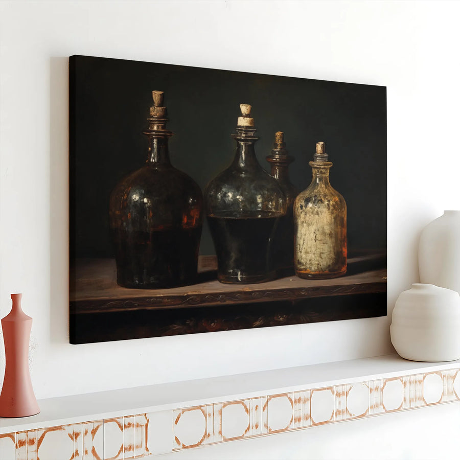 Dark Academia Canvas Wall Art | Moody Antique Bottle Still Life Print | Premium Gallery Wrapped Canvas | Vintage Kitchen Decor Gift