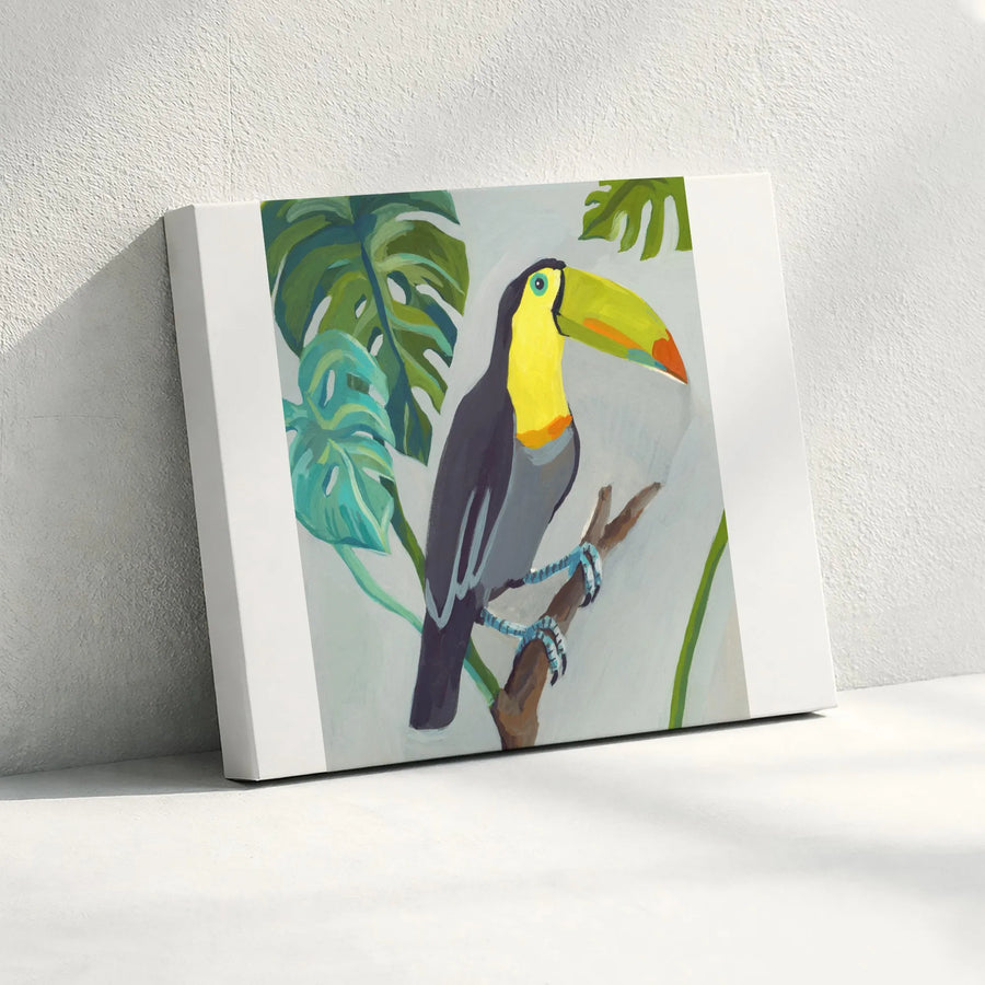 Tropical Toucan Canvas Wall Art | Modern Painterly Bird Print with Monstera Leaves | Premium 1.25" Thick Gallery Wrap | Boho Jungle Home Decor Gift