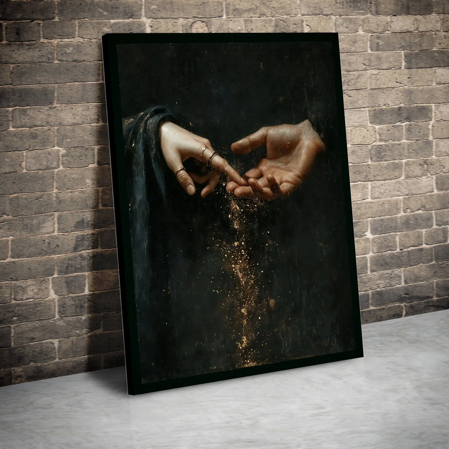 Creation Of Adam Inspired Canvas | Divine Hands Gold Dust Art | Gallery Quality Framed Print | Spiritual Home Decor Gift