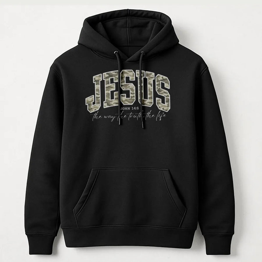 Jesus Camo Hoodie | John 14:6 Bible Verse Graphic | Premium Cotton Blend Faith Apparel | Christian Gift for Men and Women