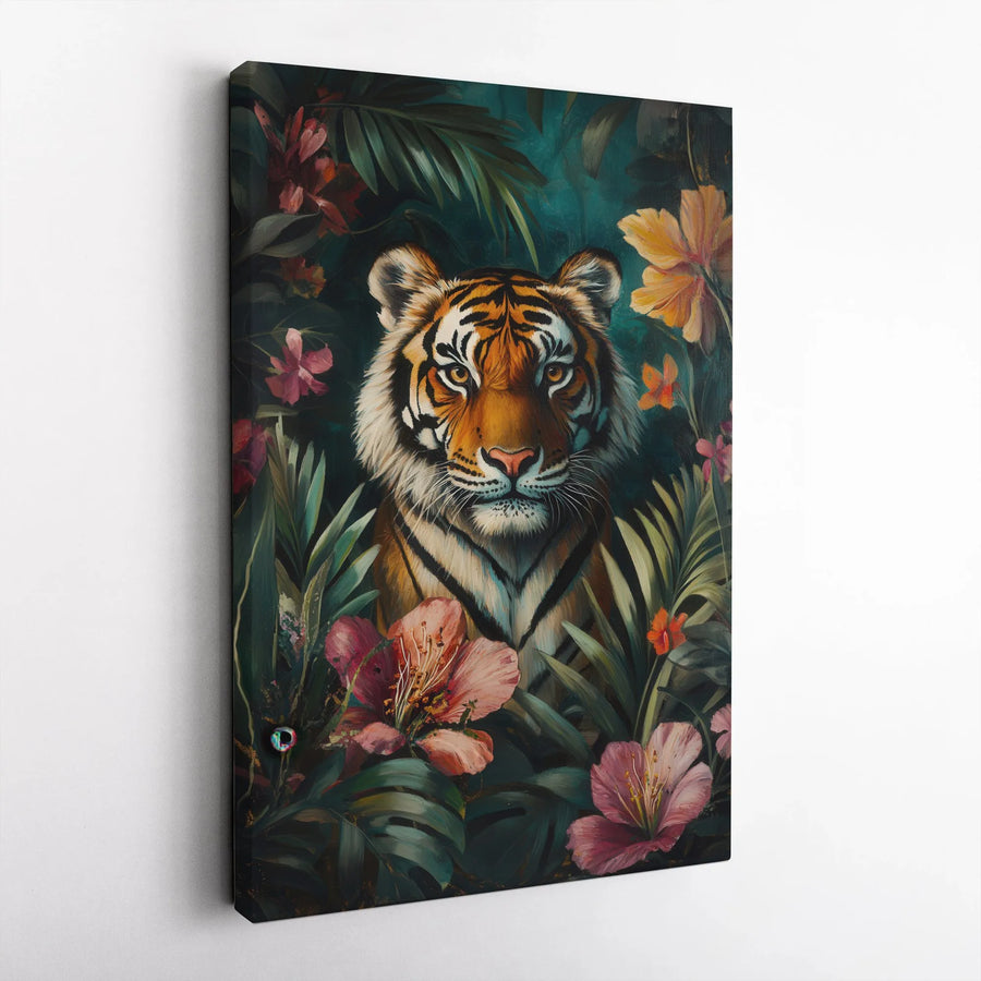 Tiger Canvas Wall Art | Tropical Jungle Floral Painting | Premium Gallery Wrapped Decor | Wildlife Nature Lover Gift