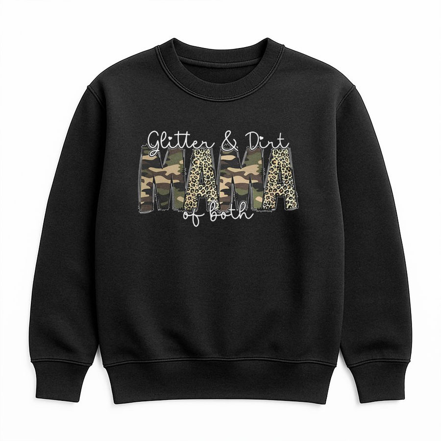 Glitter and Dirt Mama of Both Sweatshirt | Leopard Camo Graphic Print | Soft Cotton-Poly Blend | Cute Mom Life Apparel Gift for Her