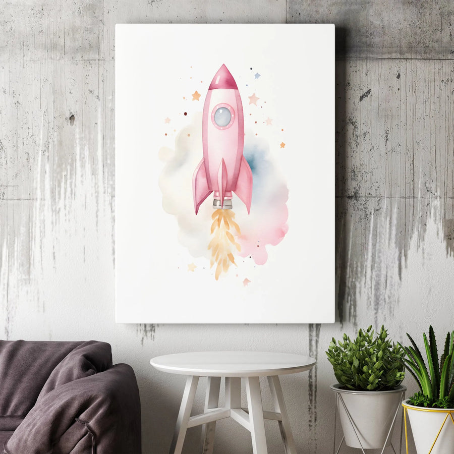 Pink Rocket Ship Wall Art | Watercolor Space Nursery Decor | Premium Gallery Wrapped Canvas | Gift for Little Explorer