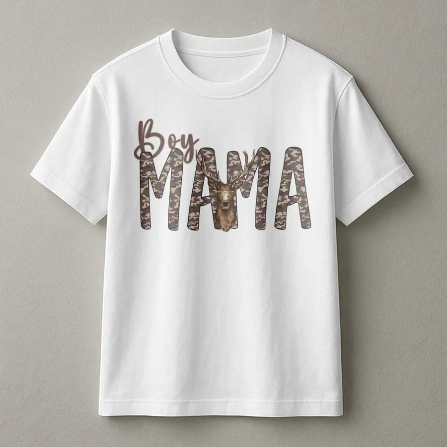 Boy Mama Camo Deer T-Shirt | Rustic Country Hunting Mom Design | Premium Cotton Graphic Tee | Outdoor Enthusiast Gift for Mothers