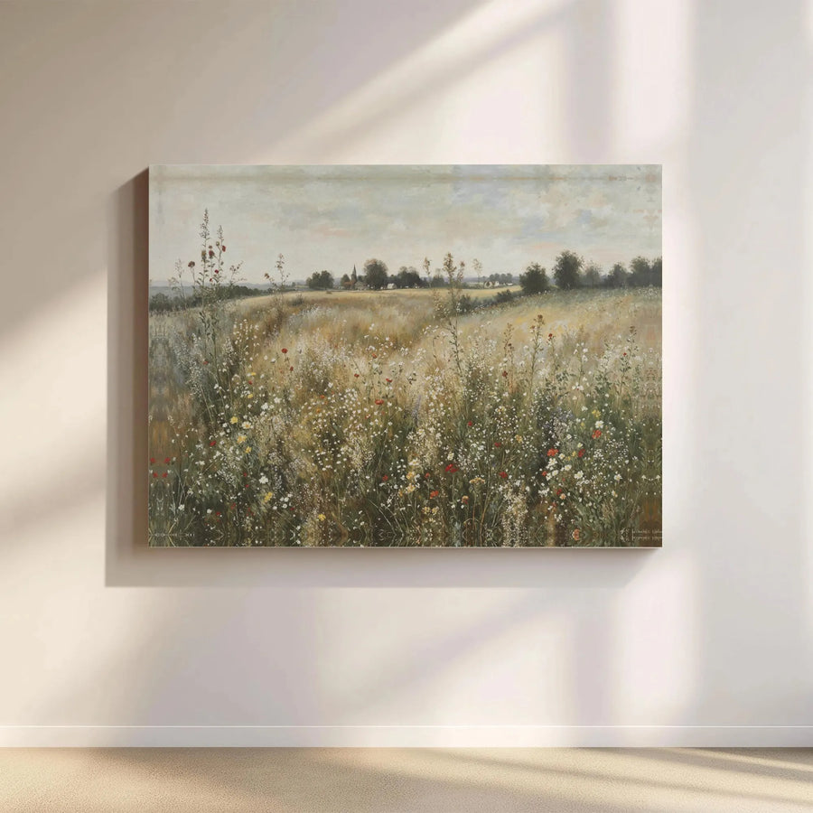 Wildflower Meadow Canvas Print | Vintage Country Landscape Art | Premium Gallery Wrapped Wall Decor | Farmhouse Cottagecore Gift For Home