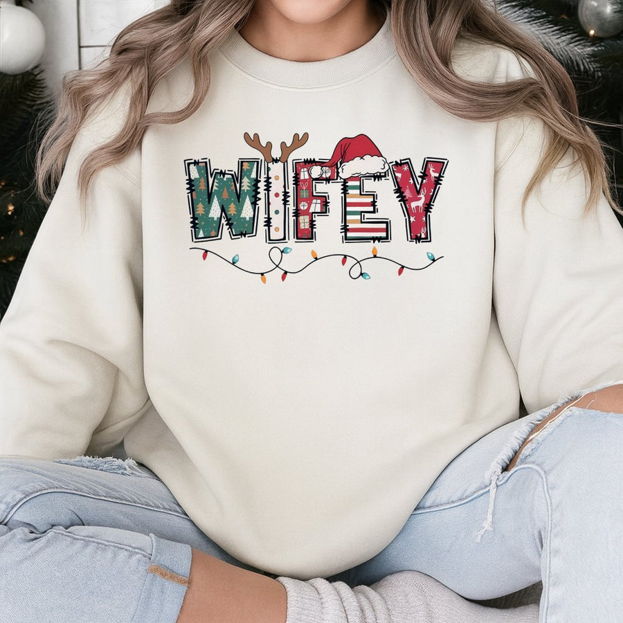 Wifey Christmas Sweatshirt | Festive Holiday Graphic Tee with Santa Hat and Reindeer Antlers | Premium Cotton Blend | Matching Couples Gift