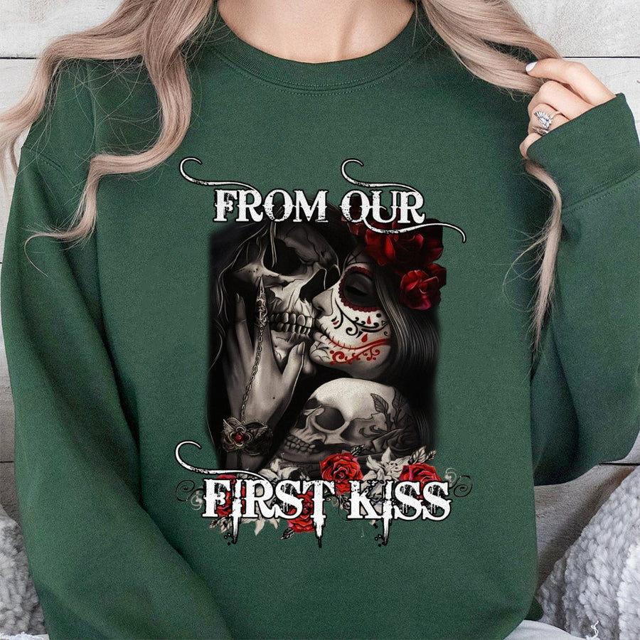 Skull Couple Sweatshirt | From Our First Kiss Till Last Breath Graphic | Premium Cotton Blend Crewneck | Gothic Romantic Gift for Couples