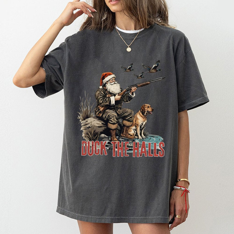 Duck The Halls Hunting T-Shirt | Santa Claus Duck Hunter Graphic | 100% Cotton Premium Tee | Funny Christmas Gift for Hunters and Outdoorsmen