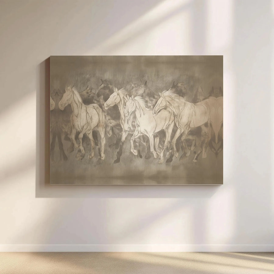 Running Horses Canvas Wall Art | Monochrome Sketch Herd Design | Gallery-Wrapped Premium Print | Sophisticated Equestrian Home Decor
