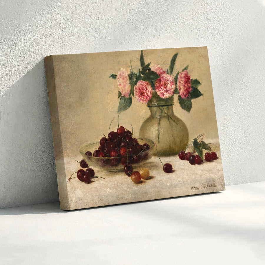 Vintage Still Life Canvas Print | J. Decker Cherries & Roses Painting | Premium Gallery Quality Wall Art | Kitchen & Dining Room Decor Gift