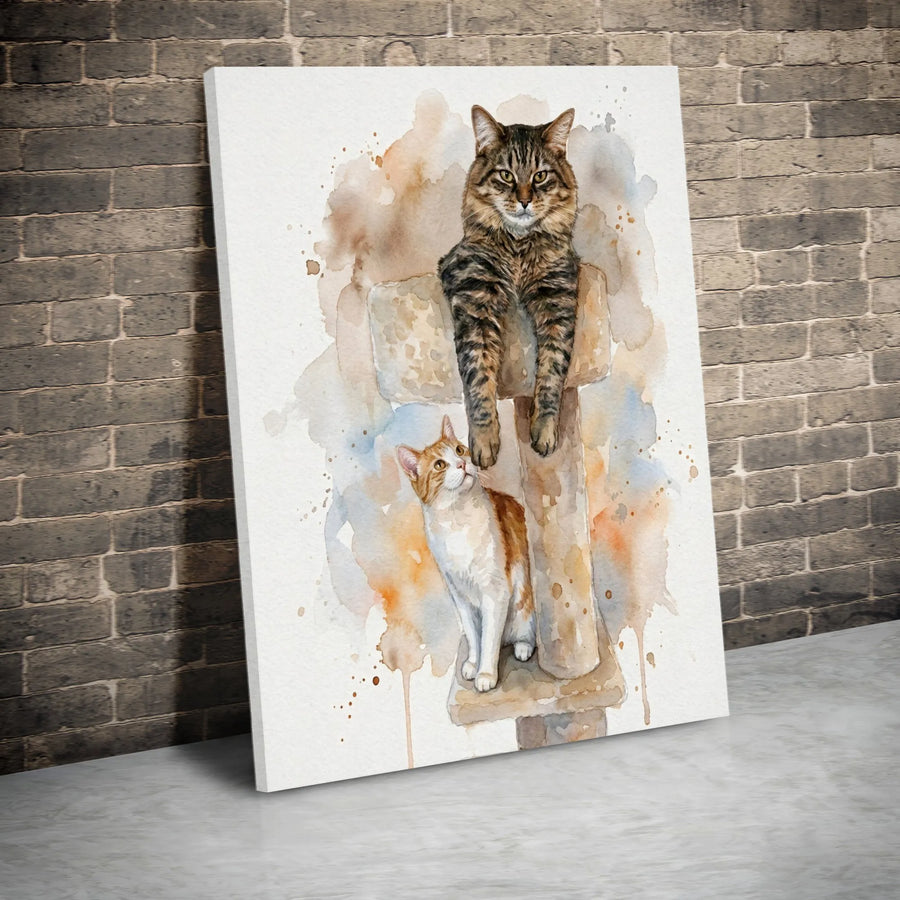 Watercolor Cat Canvas Art | Two Cats on Cat Tree Painting | 1.25 Inch Gallery Wrap | Premium Animal Lover Home Decor Wall Print