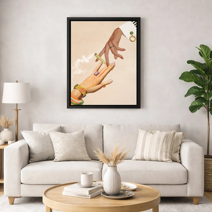 Hands Passing Joint Canvas Print | Vintage Collage Aesthetic Wall Art | Premium Gallery-Wrapped 1.25" Profile | Edgy Home Decor Gift for Smokers
