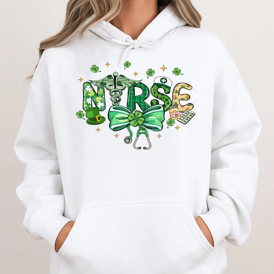 Nurse St Patrick's Day Hoodie | Lucky Shamrock Medical Graphic Print | Premium Cotton Blend | Gift for Registered Nurses and Nursing Students