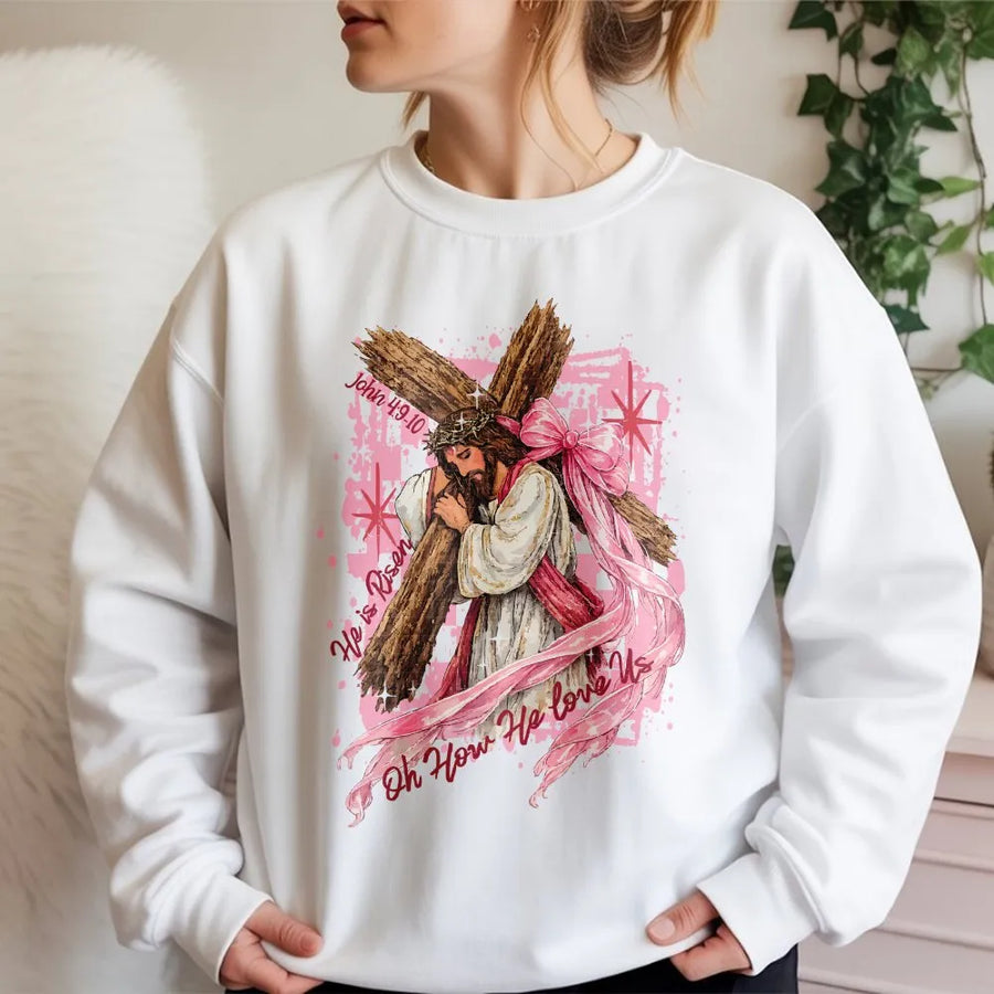 He is Risen Sweatshirt | Jesus Carrying Cross Graphic | Premium Cotton Blend | Christian Faith Easter Gift for Women