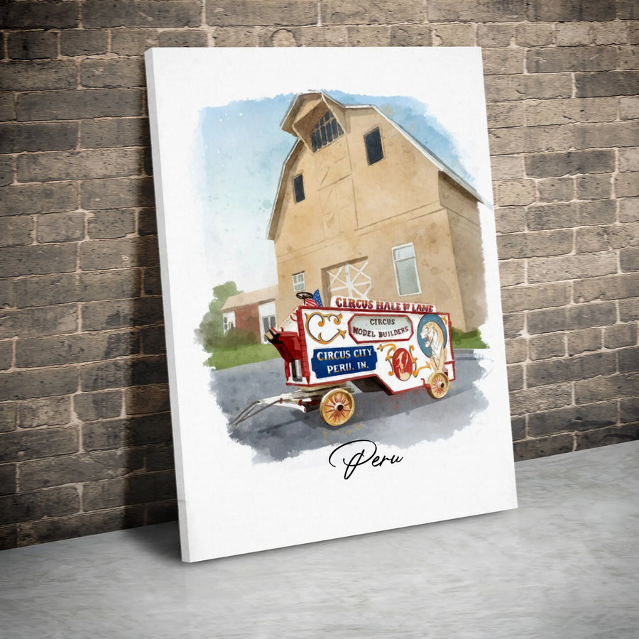 Circus Wagon Watercolor Canvas Art | Vintage Circus City Peru Indiana Illustration | Gallery Wrapped Premium Print | Nostalgic Americana Decor Gift