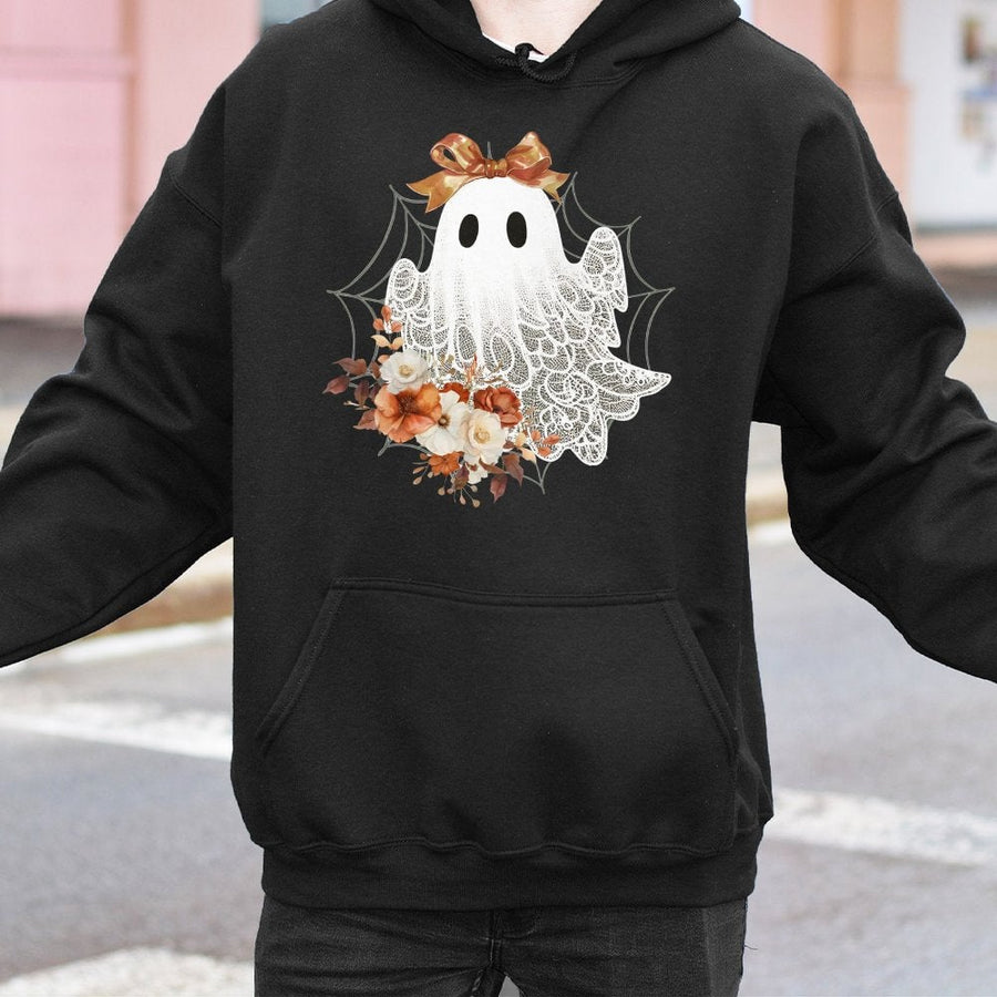 Lace Ghost Hoodie | Coquette Bow Floral Fall Design | Soft Cotton-Poly Premium Pullover | Trendy Halloween Gift For Women