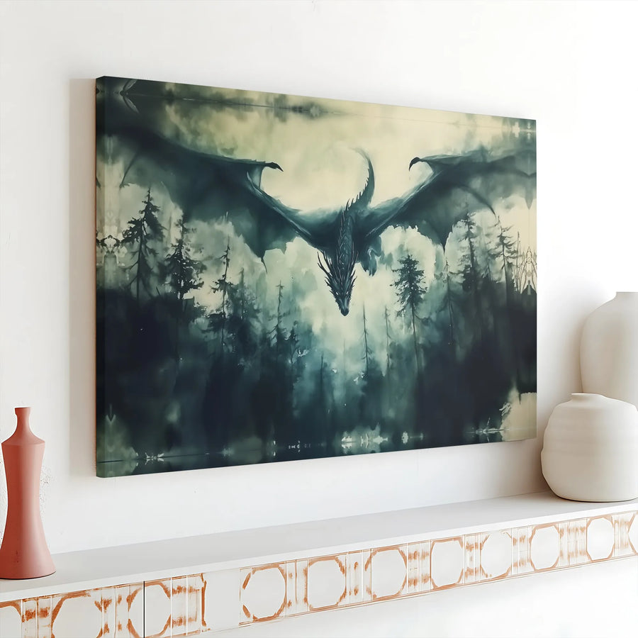 Dragon Wall Art Canvas Print | Misty Forest Landscape Painting | Premium Gallery Wrapped Canvas | Fantasy Gamer Room Decor Gift