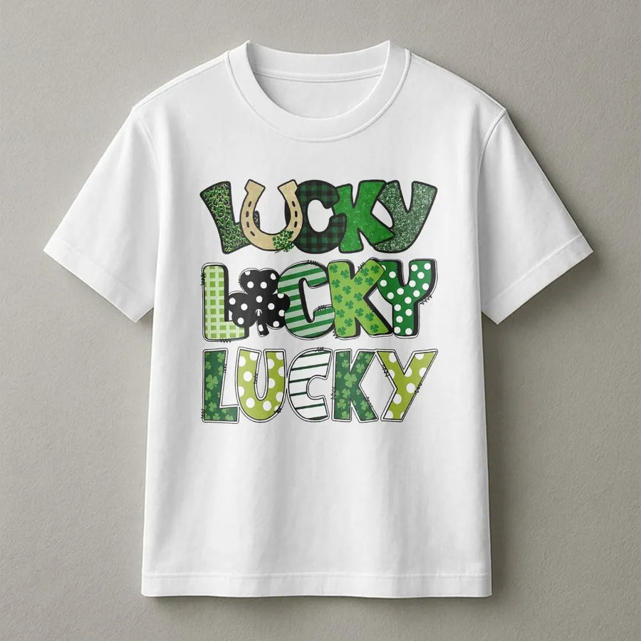 Lucky Lucky Lucky St. Patrick's Day T-Shirt | Green Shamrock Pattern Graphic Print | 100% Premium Cotton Tee | Festive Gift for Men and Women