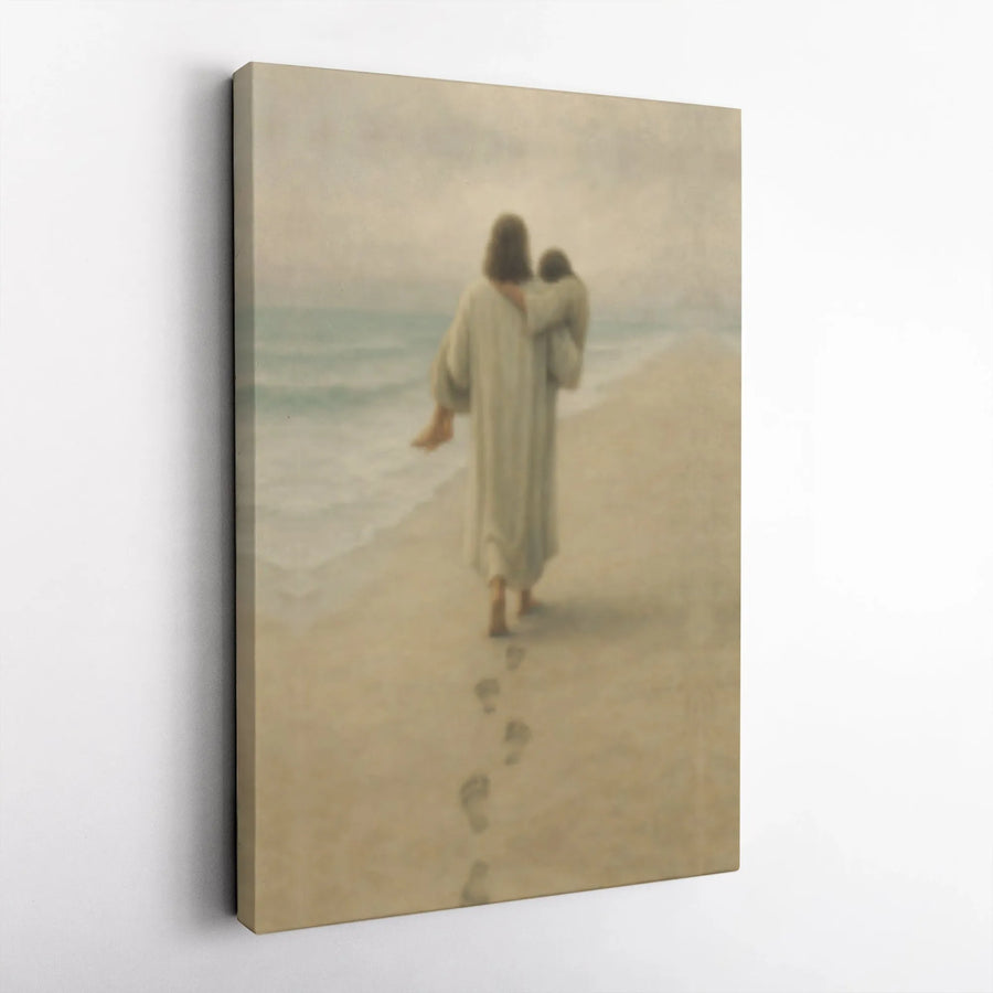 Footprints in the Sand Canvas | Jesus Carrying Child Beach Art | Premium Gallery Wrap Wall Decor | Christian Religious Gift for Home Office